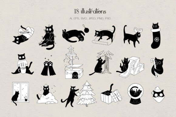 Download Christmas Cat Illustration Set - Cat illustration Collection